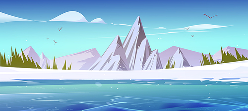 Winter mountains and frozen pond scenery landscape. Nature background with rocks under falling snow flakes. Resort, wild park or garden with white ice peaks under blue sky, Cartoon vector illustration