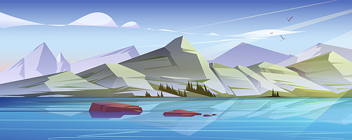 Nordic landscape with lake and mountain range. Vector cartoon illustration of scandinavian nature scene with rocks, reflection in water, stones in river and flying birds