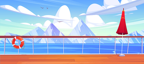View from cruise ship deck to sea landscape with white mountains on horizon. Vector cartoon illustration of wooden boat deck with railing, umbrella and lifebuoy on background of snow rocks and water