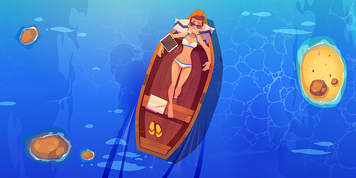 Floating boat with lying beautiful girl in bikini enjoy holiday vector background. Woman listening music in earphones from tablet, wearing sunglasses and float in wooden dinghy in summer.