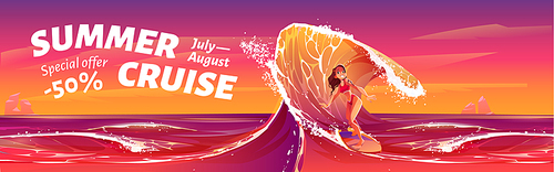 Surfer girl on sunset sea wave cartoon illustration. Happy female character in bikini ride with surfboard in ocean in summer cruise. Special offer for adventure vacation with waves vector background.