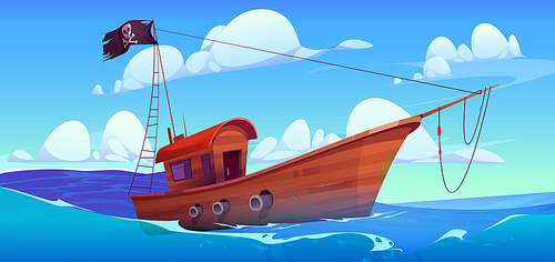 Cartoon pirate ship sailing in sea waters. Vector illustration of old wooden boat with cannons and black flag with Jolly Roger sign against ocean waves background under blue sky. Adventure game design