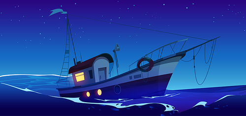 Fishing boat in sea or ocean at night. Fisherman ship, trawler on water waves. Night seascape with marine vessel and starry sky, vector cartoon illustration