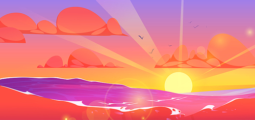 Cartoon seascape with sunset on horizon. Vector illustration of sun sitting or rising above ocean surface, birds flying in orange sky with clouds. Beautiful summer nature. Tropical resort panorama