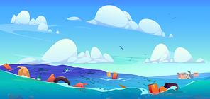 Trash floating on water surface in open sea. Vector cartoon illustration of plastic, glass bottles, rubber, paper, cardboard garbage in ocean. Environmental pollution problem. Ecology contamination