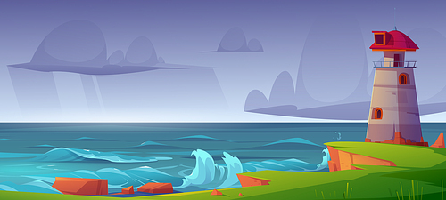 Lighthouse on sea shore at storm, beacon building at scenery nature ocean landscape with splashing water waves and rocky coast under dull cloudy sky. Nautical seafarer, Cartoon vector illustration