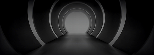 Empty tunnel interior in perspective view. Abstract futuristic architecture, modern gallery hall or corridor black circle walls, vector realistic illustration