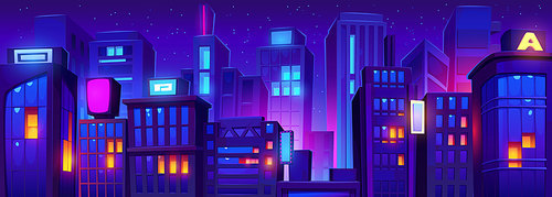 Night city building street with neon light background. Dark cityscape skyline with skyscraper urban view illustration scene. Future purple office scape horizon at nighttime for metaverse backdrop