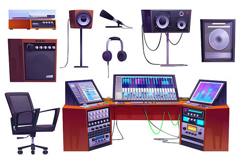 Cartoon set of sound recording studio equipment isolated on white background. Vector illustration of professional music mixer with buttons and wires, earphones, loudspeaker, microphone, record player