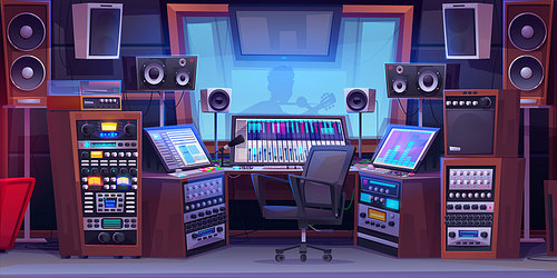 Cartoon sound recording studio with equipment and silhouette of singer playing guitar behind glass. Vector illustration of professional music mixer with buttons and wires, loudspeaker, microphone
