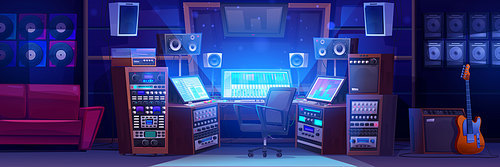 Night sound studio room for music record cartoon vector. Radio production equipment with mixer, microphone and guitar. Empty broadcast workstation with professional tools and sofa game scene design