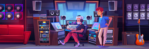Man producer in sound record studio room cartoon game vector illustration. Music radio production equipment workstation for professional singer with mixer, microphone, guitar and synthesizer.