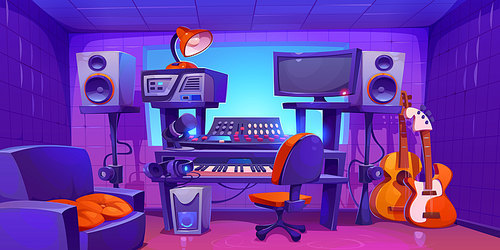 Music record studio booth room cartoon vector illustration. Audio and sound production equipment in producer workstation with armchair. Guitar, speaker, headphones and pro synthesizer on table