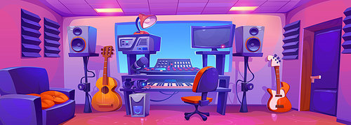 Sound recording studio with musical instruments and equipment. Vector cartoon illustration of professional mixer with control buttons, electric guitars and synthesizer, loudspeakers, computer display