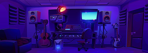 Night music record studio booth cartoon interior background illustration. Radio production equipment in dark room with lamp glow. Professional synthesizer, guitar and loudspeaker in dark workstation