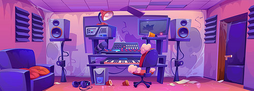 Abandoned music record studio cartoon vector. Messy radio room for sound production. Broken computer, crack on wall and window glass, spider web in empty producer workstation interior with armchair