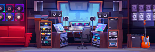 Music recording studio interior with sound production equipment. Cartoon vector illustration of producer room with singer in booth behind glass, audio mixer and loudspeakers. Professional voice mixing