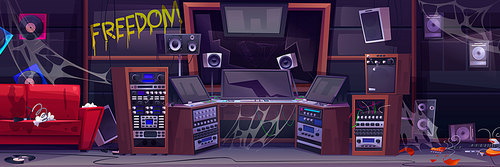 Abandoned music record studio cartoon vector interior. Broken sound production equipment in messy room with crack glass window. Dirty audio recording workstation with loudspeaker and synthesizer