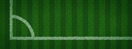 Top view of realistic soccer pitch corner. Vector illustration of white lines drawn on green grass of football field. Natural or artifical turf texture background. Place for sports match, competition