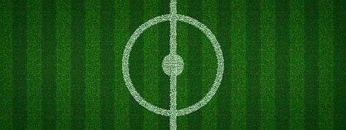 Top view of realistic soccer pitch center. Vector illustration of white lines and circle drawn on green grass in middle of football field. Turf texture background. Place for sports match, competition