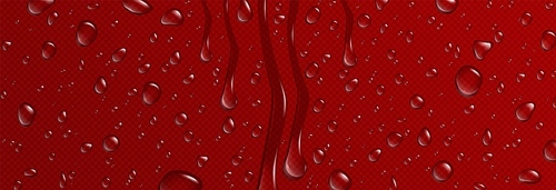 Vector water drop texture on red glass background. Realistic dew bubble droplet pattern on strawberry color surface. 3d abstract liquid drink graphic design wallpaper. Condensation flow on window