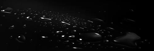 Realistic 3D water drops on black surface. Vector illustration of rain droplets, morning dew, aqua spray spots sprinkled on car hood or glass backdrop. Wet texture, light reflection in liquid blobs