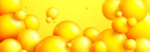 Bright yellow background with 3D balls. Vector realistic illustration of glossy plastic spheres, trendy fashion beads, cloud of balloons, creative pattern for banner template, summer party promo