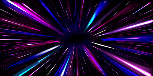 Abstract neon blue and purple light traces. Vector realistic illustration of hyperspace jump into black hole through vibrant tunnel, fast speed motion effect, teleportation through space galaxy
