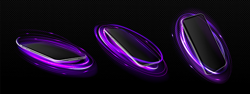 3d purple neon ring and mobile phone background. Futuristic technology product display with laser podium mock up. Beautiful cyber space vector mockup for cellphone device exhibition isolated set