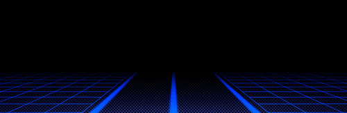 Blue laser grid perspective with road line. Vector illustration of retrowave cyber game background. Neon landscape with speed highway borders on transparent background. Abstract 80s sci fi matrix