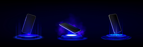 3d neon light futuristic podium for mobile phone. Laser effect technology pedestal mockup for product. smartphone screen winner template on cyber glow stage with steam in scifi studio background.