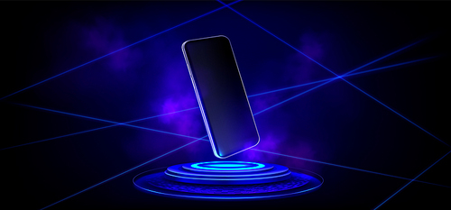 3d neon light futuristic podium for mobile phone. Laser effect technology pedestal mockup for product. smartphone screen winner template on cyber glow stage with steam in scifi studio background.
