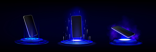 3d mobile phone mockup on podium. Futuristic background with tech stand with neon light and hologram of smartphone. Platforms with blue rays and devices, vector realistic set