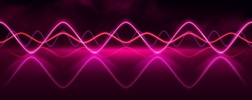Pink neon audio sound voice wave pulse light. Abstract radio electronic music frequency vector effect background. Vibrant track equalizer waveform with smoke and blurred curve graph illustration.