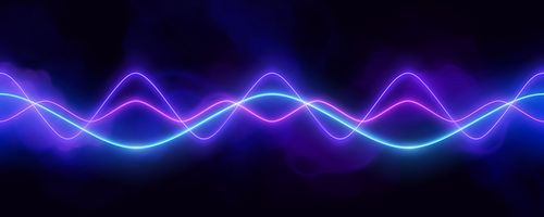 Blue neon audio sound voice wave pulse light. Abstract radio electronic music frequency vector effect background. Vibrant track equalizer waveform with smoke and blurred curve graph illustration.
