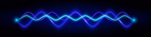 Blue neon audio sound voice wave pulse light. Abstract radio electronic music frequency vector effect background. Vibrant track equalizer waveform, blurred curve graph illustration.