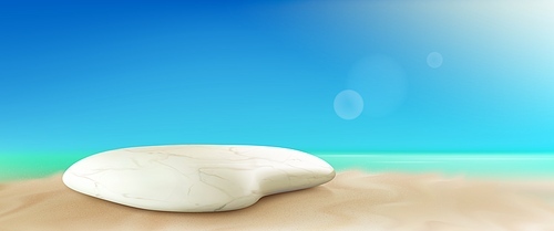 Realistic white marble stone on sandy beach background. Vector illustration of cosmetic product platform on sunny summer seashore. Natural rock for luxury spa procedures, sunscreen care presentation