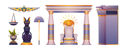 Ancient Egyptian pharaoh palace, house or temple objects. Throne with sun symbol, black cat and crocodile statues, scarab, fan, plant and arch with pillars, vector cartoon set