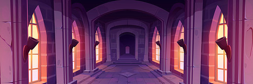 Ancient palace or castle interior. Old building corridor with windows, pillars, stone walls and torches. Medieval castle or temple gallery, vector cartoon illustration