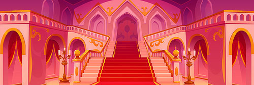 Royal palace hall interior. Medieval castle room with staircase, carpet, arches and gold chandeliers. Old luxury building interior with stairs and doors, vector cartoon illustration