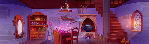 Medieval dungeon room with cauldron in stove. Vector cartoon illustration of witch basement with old wooden furniture, spell books and potion bottles on shelf, magic mirror on stone wall, stairs