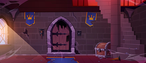 Abandoned dungeon in medieval castle. Vector cartoon illustration of room with torn flags, damaged wooden door, dust and cobweb on stone walls, treasure chest under old staircase, sunlight in window