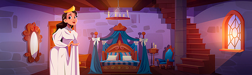 Young princess standing in royal bedroom. Vector cartoon illustration of medieval castle room with vintage furniture, wooden bed, table, bookcase, mirror on stone wall, pretty woman in bride gown