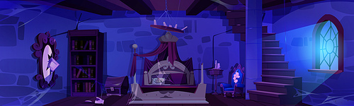 Spooky bedroom in night medieval castle. Vector cartoon illustration of abandoned dark room with old broken furniture, dusty cobweb on stone walls, staircase, moonlight in window, haunted palace