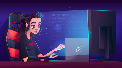 Female programmer working on computer at night. Vector cartoon illustration of IT woman typing software code, developing game or mobile app. Student girl studying in dark room. Remote job, freelance