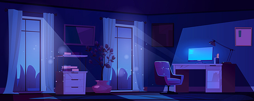 Night work office room with magic light vector background. Dark empty remote workplace interior with table, computer and armchair. Mystery moonlight ray falling from window with curtain concept.