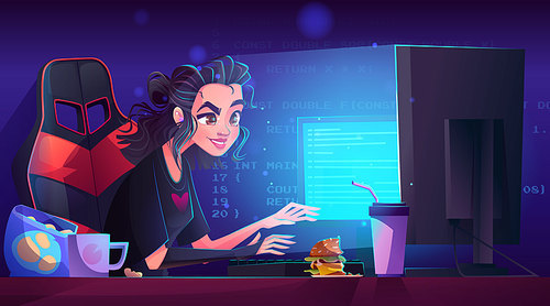 Software programmer girl office work vector design. Dark computer desk on workspace and woman character code process. Late study specialist programming with coffee. Female developer research project