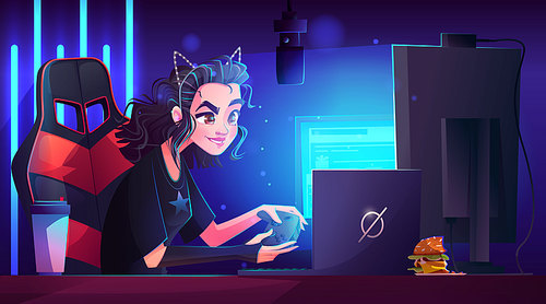 Girl computer gamer character cartoon vector background. Woman play online game in neon room with professional equipment for streaming video with microphone. Streamer workplace with desk and laptop