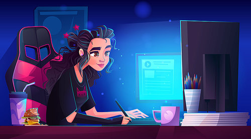 Female designer working on computer at night. Vector cartoon illustration of young smm woman writing notes, drawing illustrations, editing content. Student girl studying in dark room. Freelance job