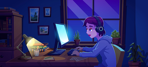 Tired woman at night on window home office workspace vector cartoon background. Work interior design with computer monitor, device, chair, flowers, paper stickers and female character concept.